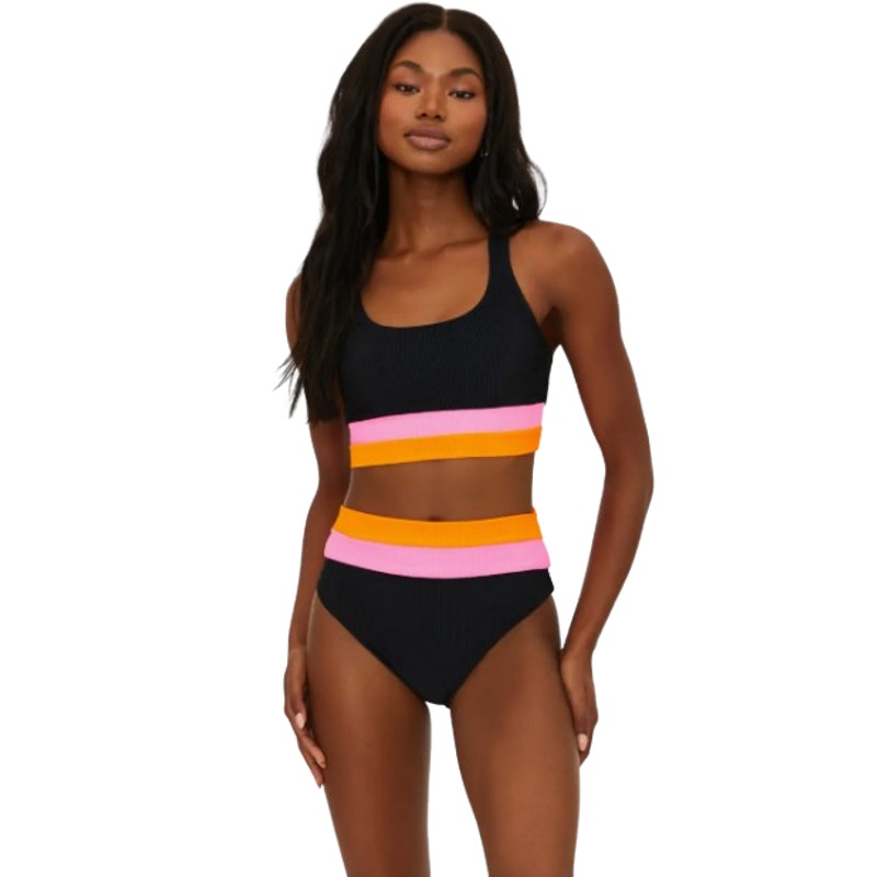 BEACH RIOT Heidi Bikini Bottoms Medium Black Pink Colorblock High Waist NWOT
