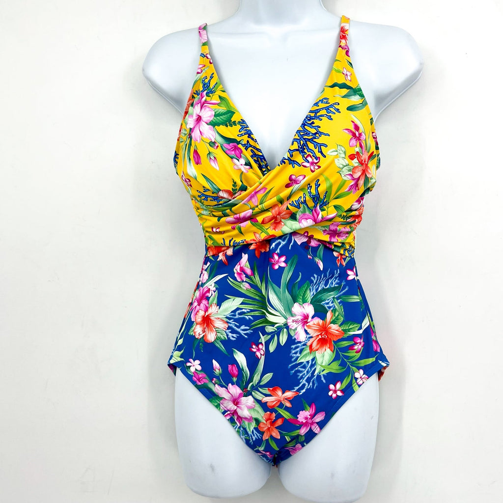 TOMMY BAHAMA Women's Isola Vita One-Piece Swimsuit Size 4 Yellow Blue Floral NWT