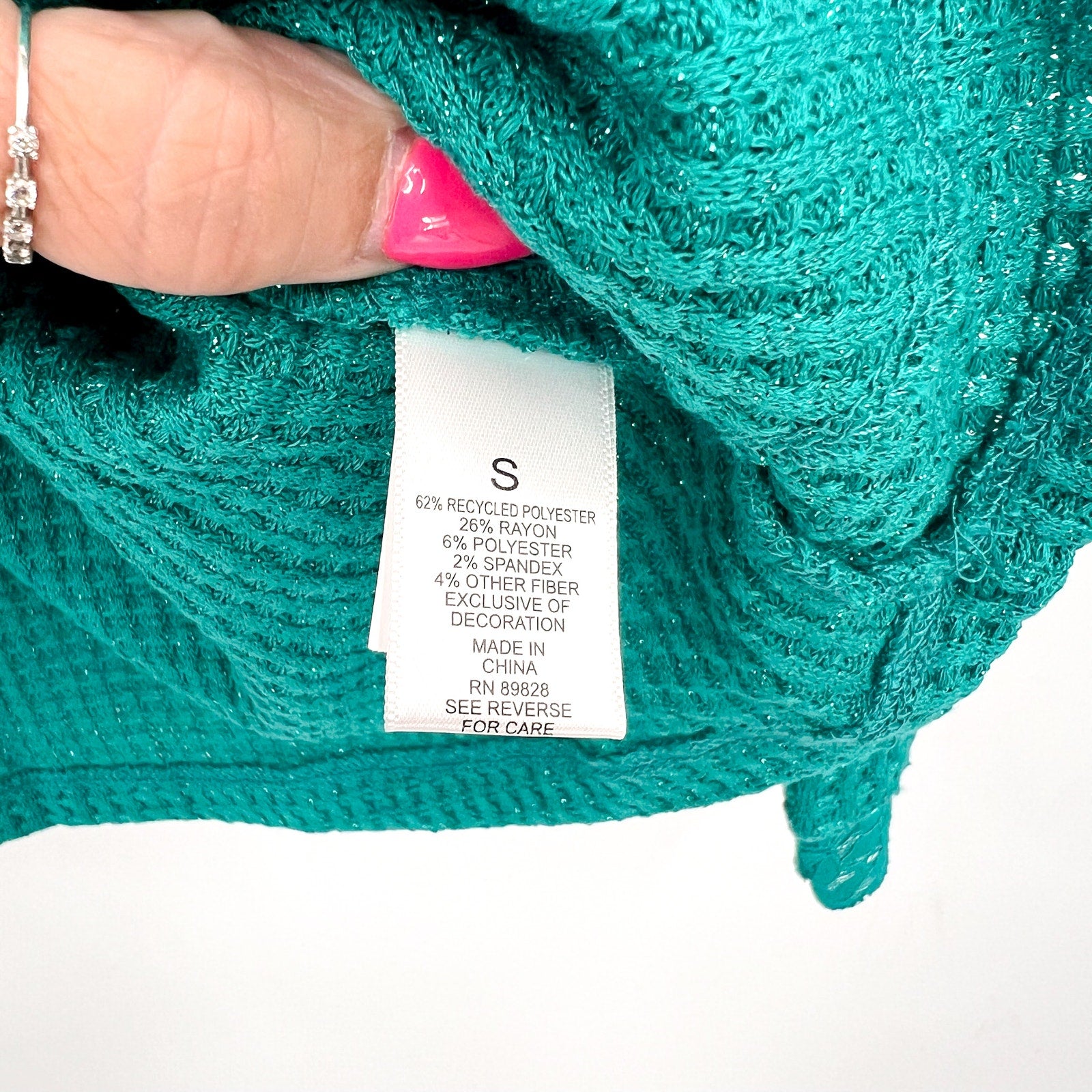 LOGO LORI GOLDSTEIN Metallic Waffle Knit Top Small Blue Green Long Sleeve NWOT