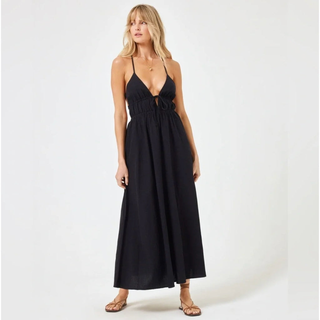 L*SPACE Women's Playa Vista Maxi Dress Medium Black Criss-Cross Linen Cotton NWT