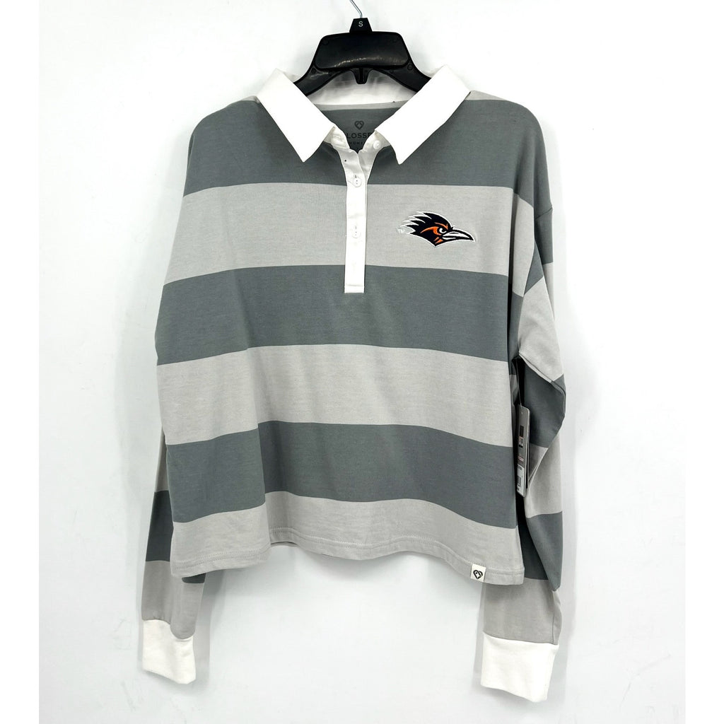 COLOSSEUM Womens U of Texas SA World Peace Rugby Shirt Medium Grey White NWT
