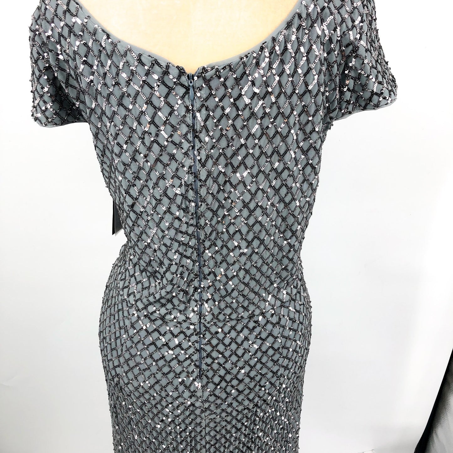 ALEX EVENINGS Sequin Scoop Neck Gown Size 16 Silver Gunmetal Cap Sleeve NWT