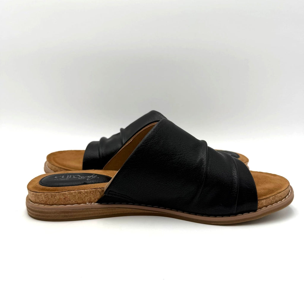 Eurosoft Womens Elesha Slide Sandals Size 8.5 Black Ruched Faux Leather NWOB
