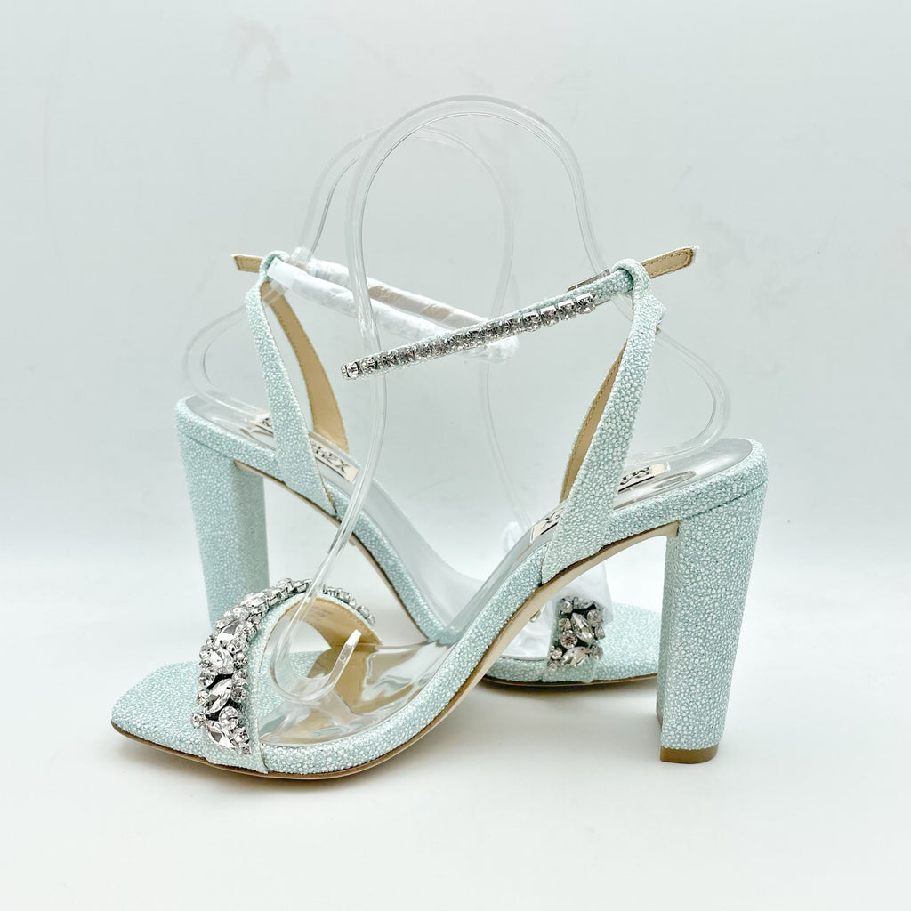 BADGLEY MISCHKA Womens Tasmine Tall Evening Sandals US 6.5 Blue Crystals NIB