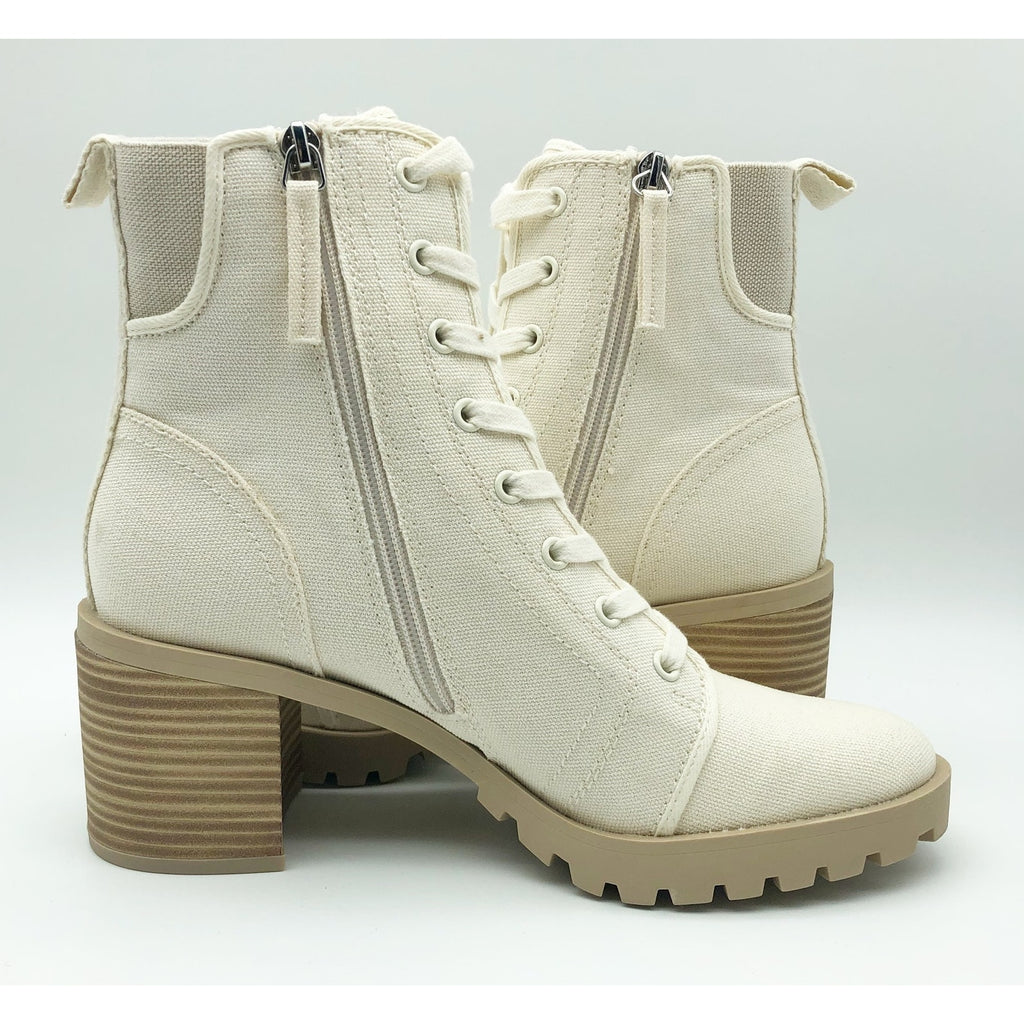 Dolce Vita Womens Combat Boots Size 9 Stacked Heel Off White Canvas NWOB