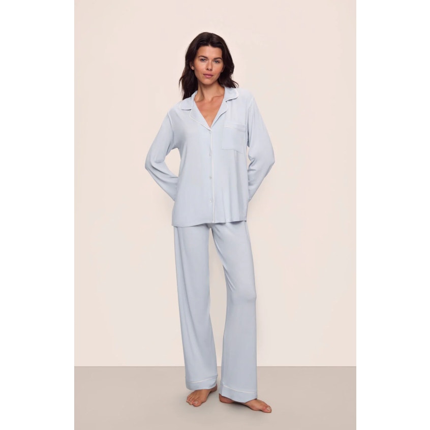 EBERJEY Women's Gisele Long Pajama Set Large Ice Blue Ivory TENCEL Modal NWT