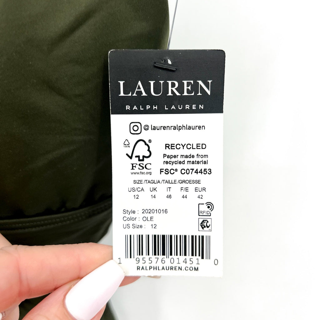 LAUREN RALPH LAUREN Ring One Piece Swimsuit Size 12 Olive Green OTS NWT