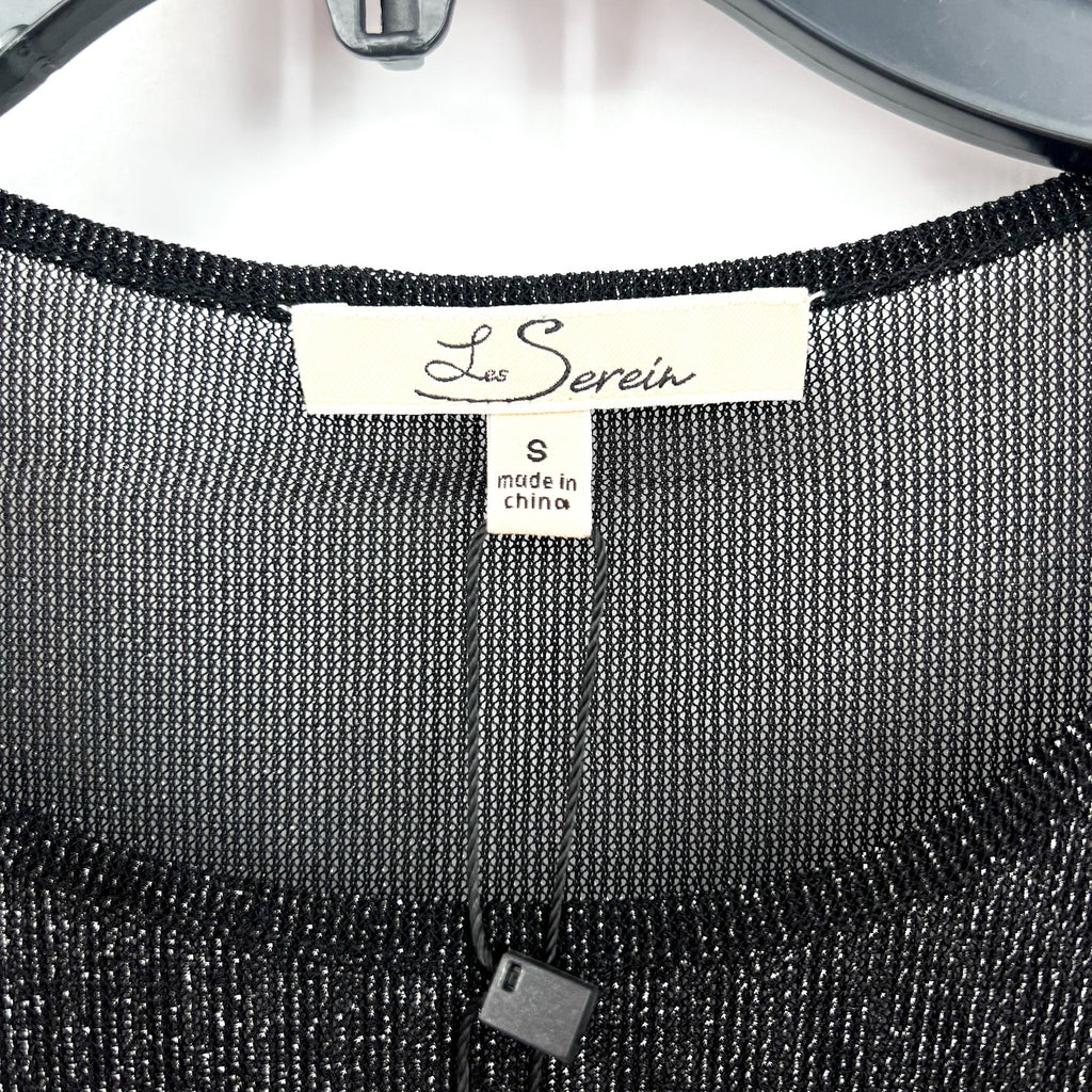LES SEREIN Long Sleeve Glitter Mesh Sheer Top Small Black Silver Metallic NWT