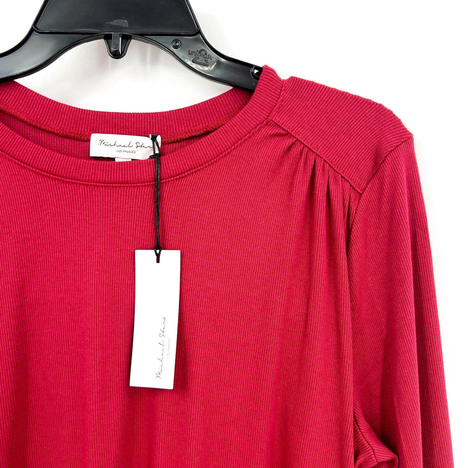 MICHAEL STARS Womens Shelby Ruched Shoulder 3/4 Sleeve Tee Small Carmine Red NWT