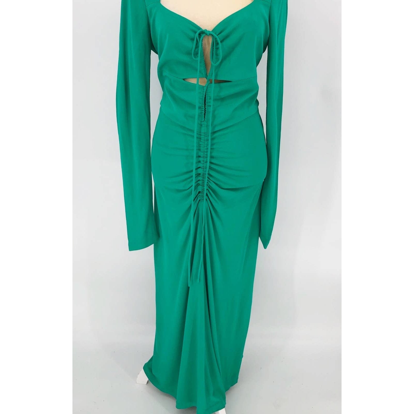 Rebecca Vallance Womens Riccardo Ruched Gown 10 Green Cutout Long Sleeve NWOT