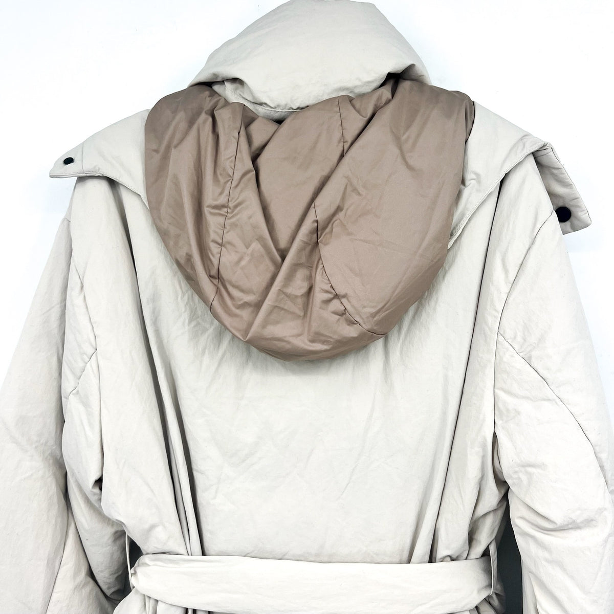 Everlane Womens The Duvet Down Puffer Coat Medium Cream Down Long Belted NWT