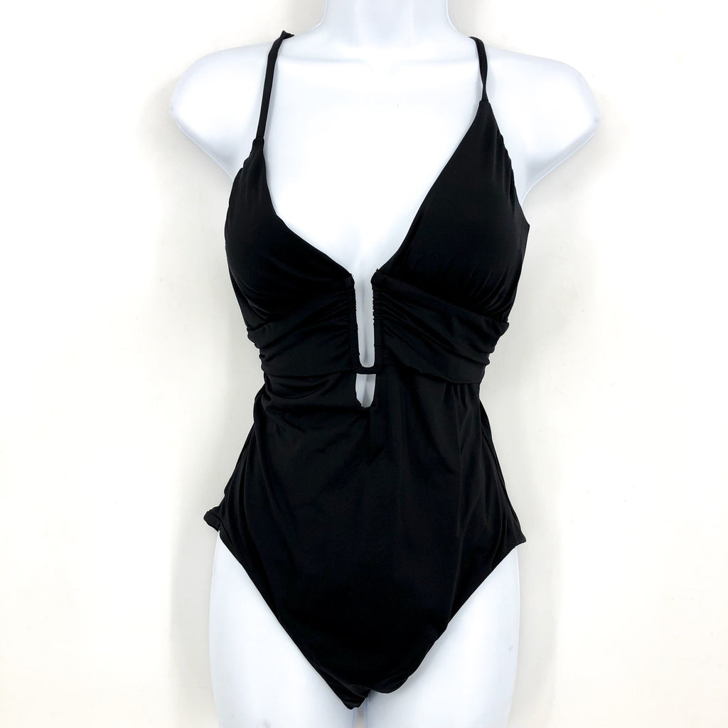 BECCA Standard Color Code Plunge Neck One Piece Swimsuit Small Black NWT
