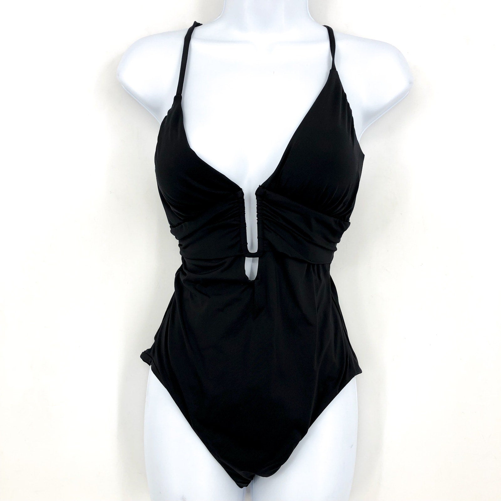 BECCA Standard Color Code Plunge Neck One Piece Swimsuit Small Black NWT