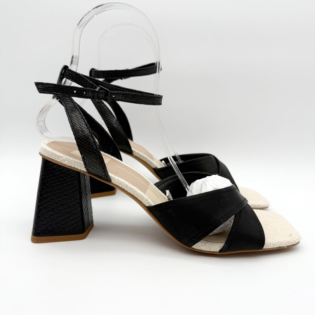 Dolce Vita Womens Tiki Heeled Sandals Size 8.5 M Black Embossed Leather NIB