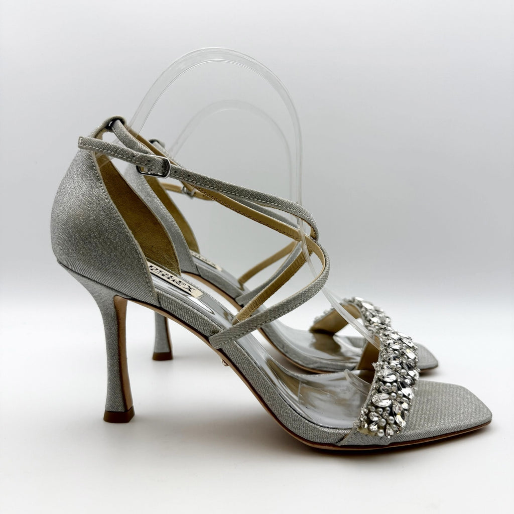 Badgley Mischka Womens Nala Glitter Strappy Heels Size 8 Silver Satin NWOB