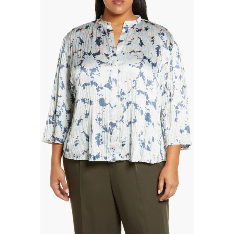 VINCE Women's Pleated Lotus Print Blouse 2X Tide Pool Blue Top Floral NWT