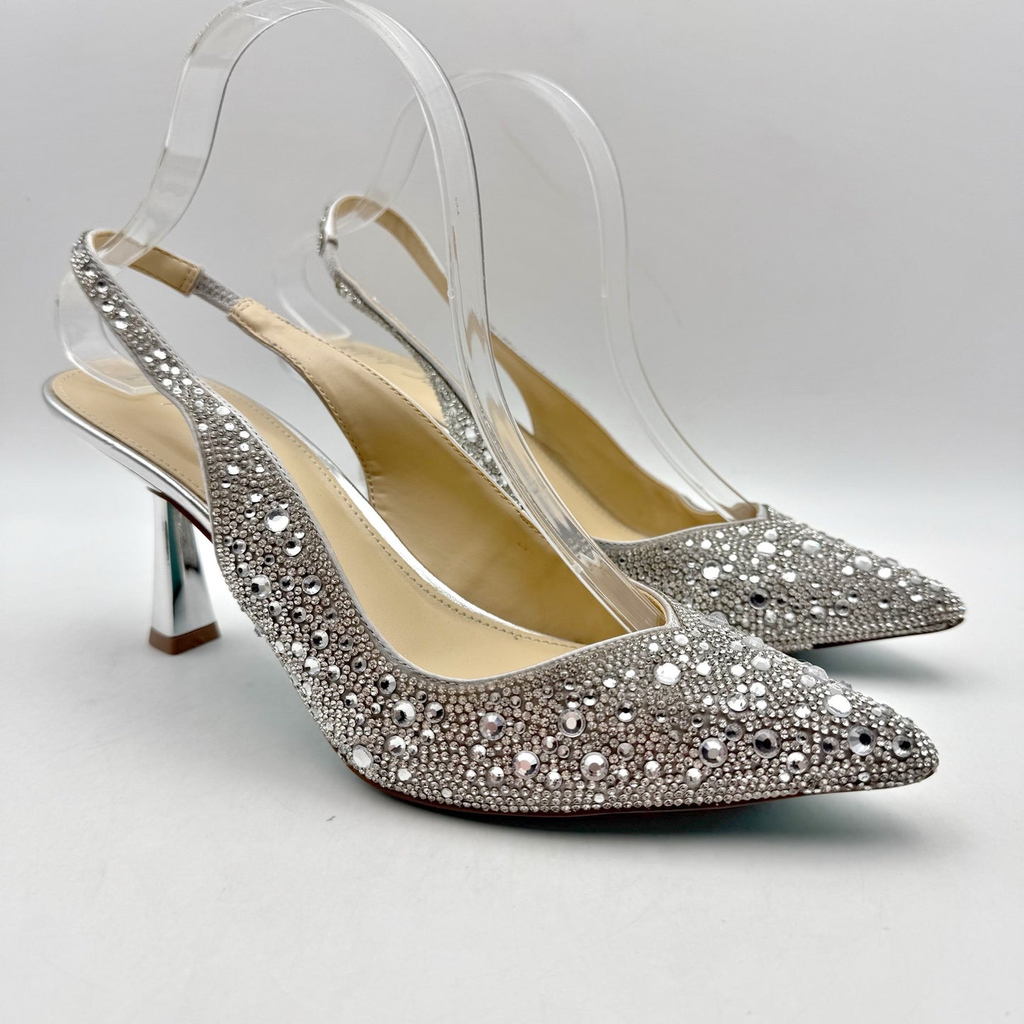 Betsey Johnson Womens Mya Pump US 8.5 M Silver Rhinestone Satin NWOB