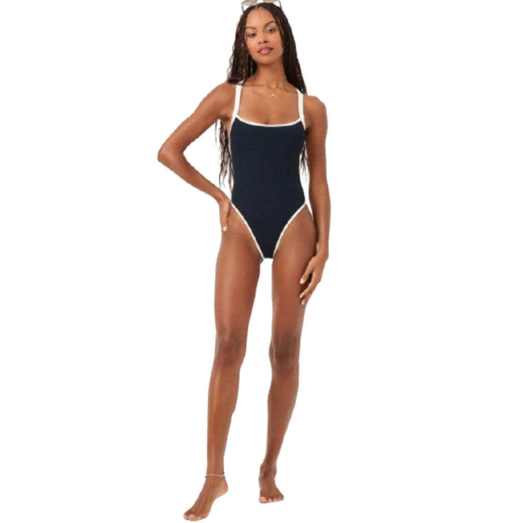 L*SPACE Women's Ribbed Baewatch One Piece Swimsuit XS Black Cream Low Back NWT