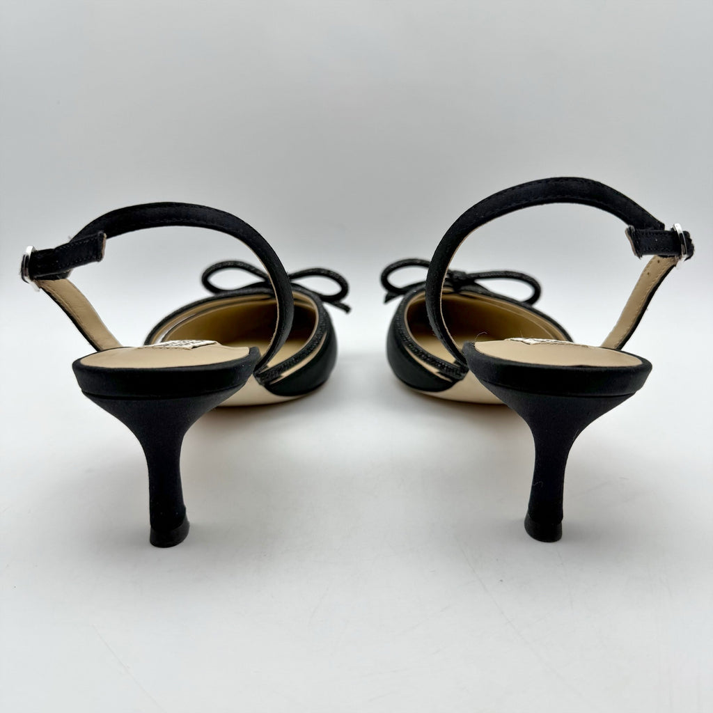 Badgley Mischka Womens Angelina Heels US 7.5 Black Satin Rhinestone Sandals NIB
