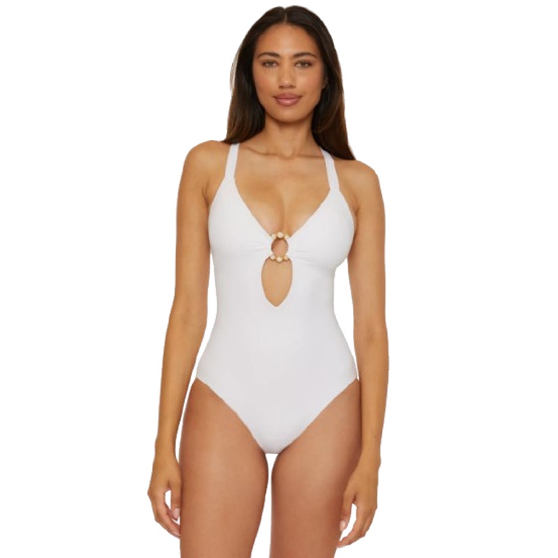 BECCA Women's Marble Canyon Ring One-Piece Swimsuit Large White V Neck NWT