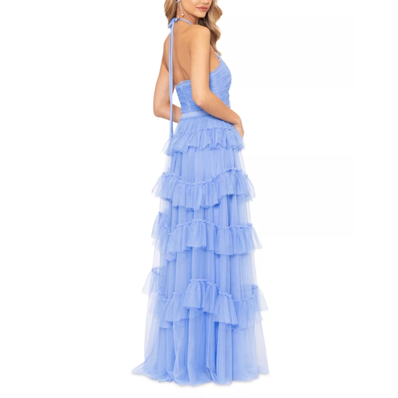 AQUA Women's Tulle Tiered Ruffle Gown Size 2 Cornflower Blue Open Back Dress NWT