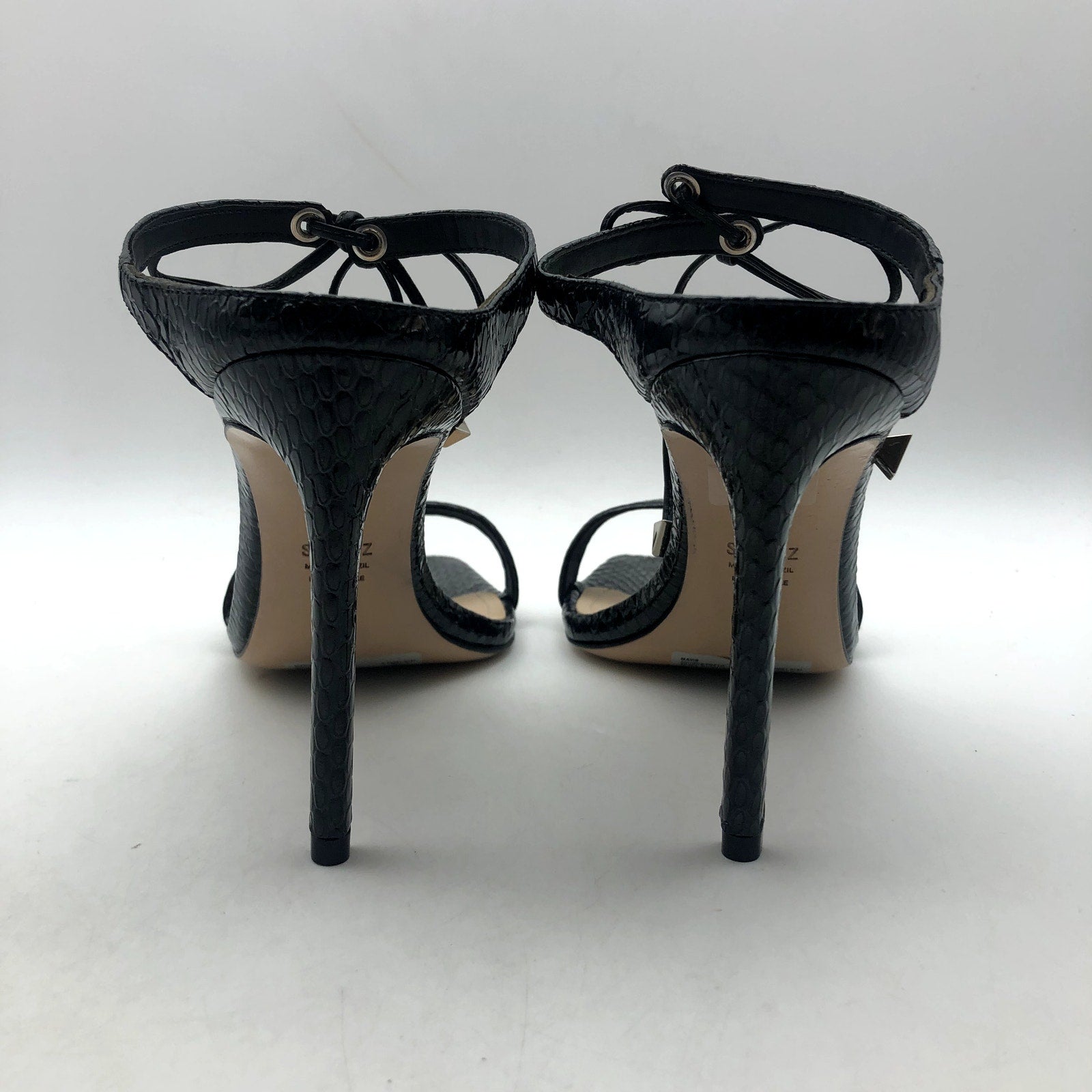 SCHUTZ Womens Mavis Heel Sandal Size 8.5 Black Snake Shine Leather NIB