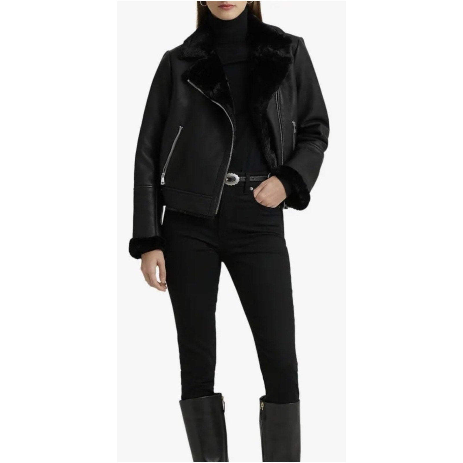 LAUREN RALPH LAUREN Womens Moto Jacket XL Black Faux Leather Shearling NWT