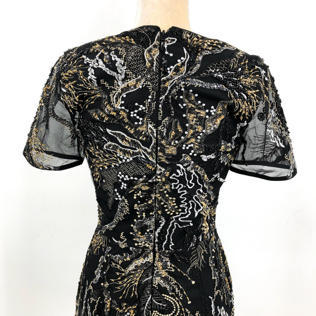 DRESS THE POPULATION Sequin Mini Dress Small Black Gold Sheer Sleeves NWOT