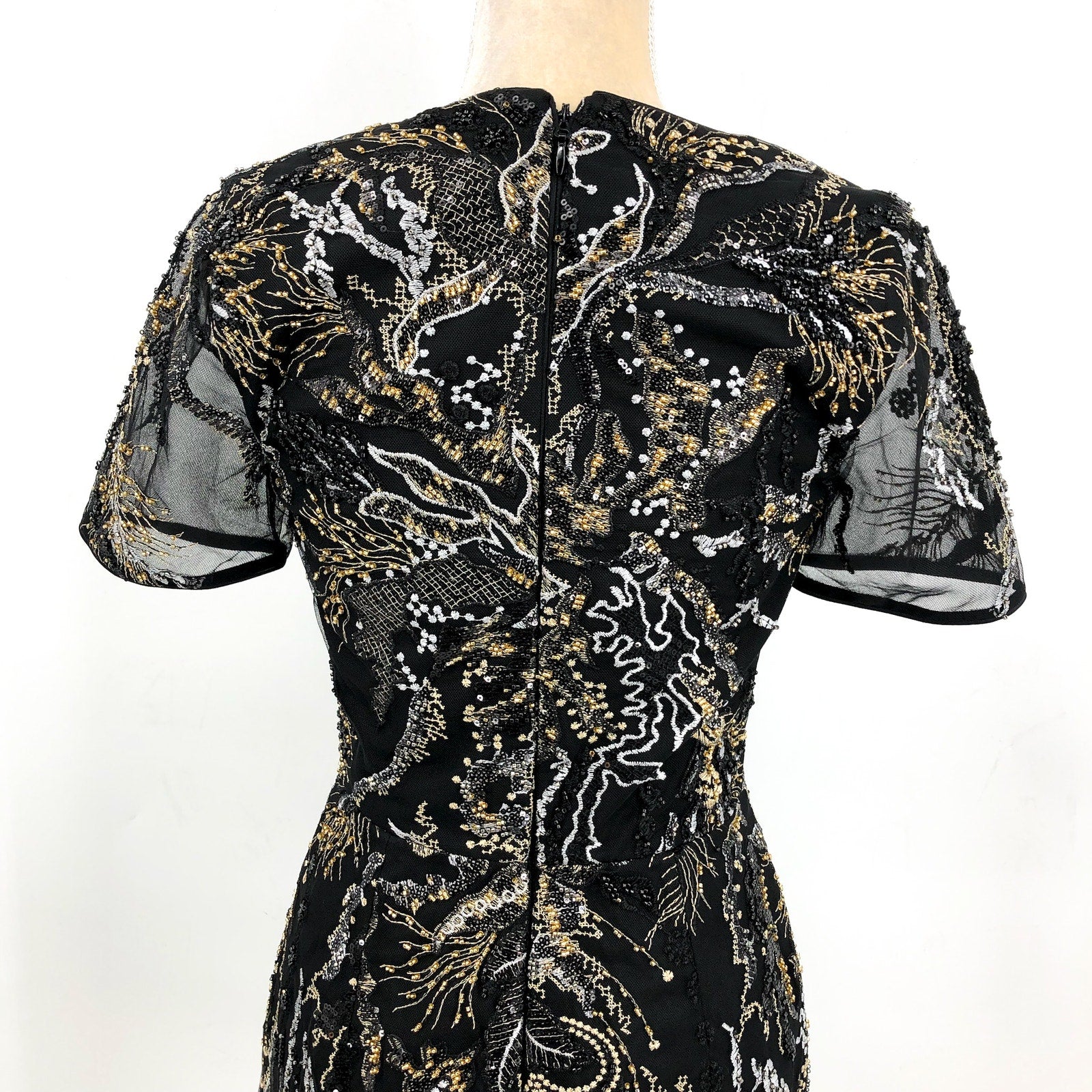 DRESS THE POPULATION Sequin Mini Dress Small Black Gold Sheer Sleeves NWOT