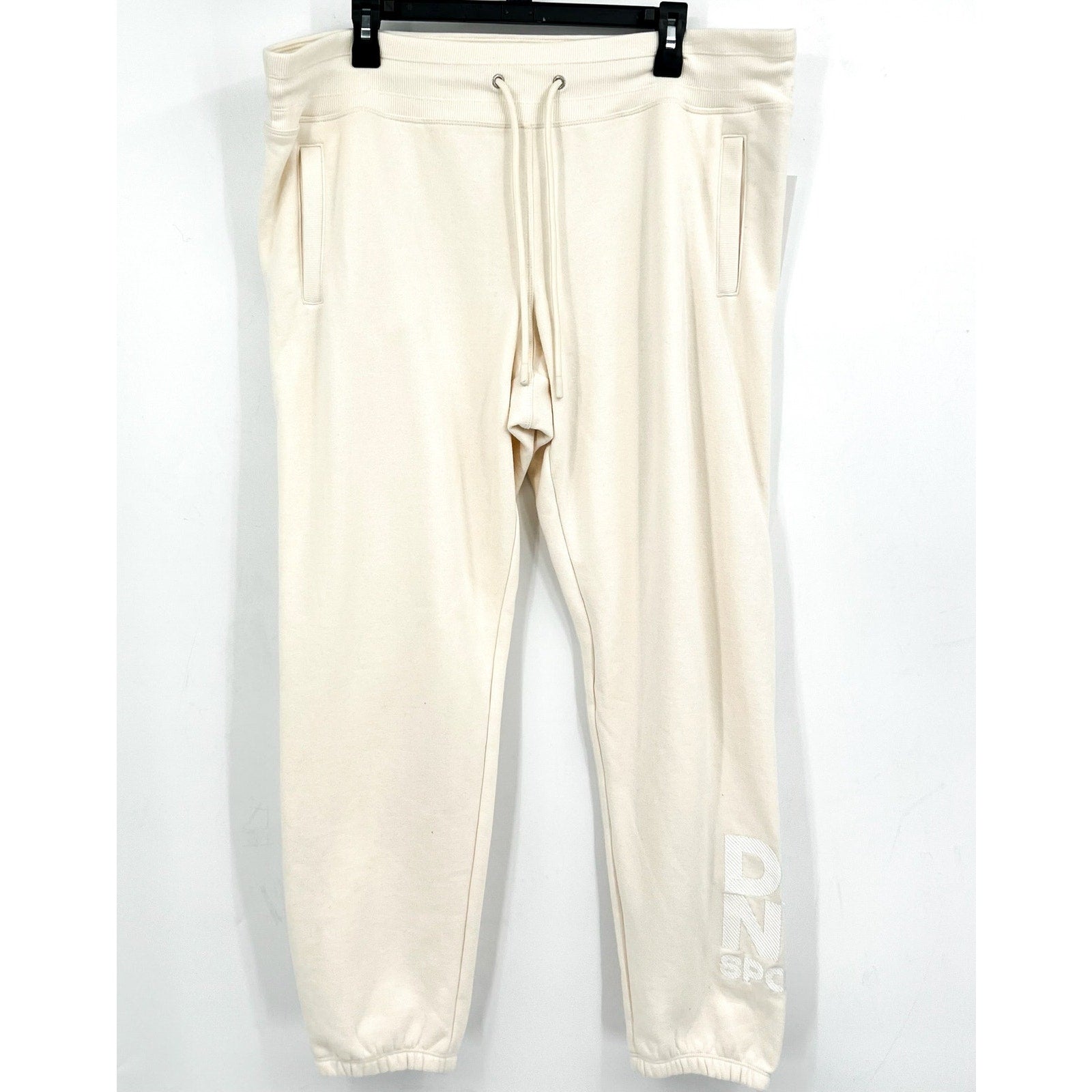DKNY Womens Stacked Logo Relaxed Joggers XL Cream Embroidered Sweatpants NWT