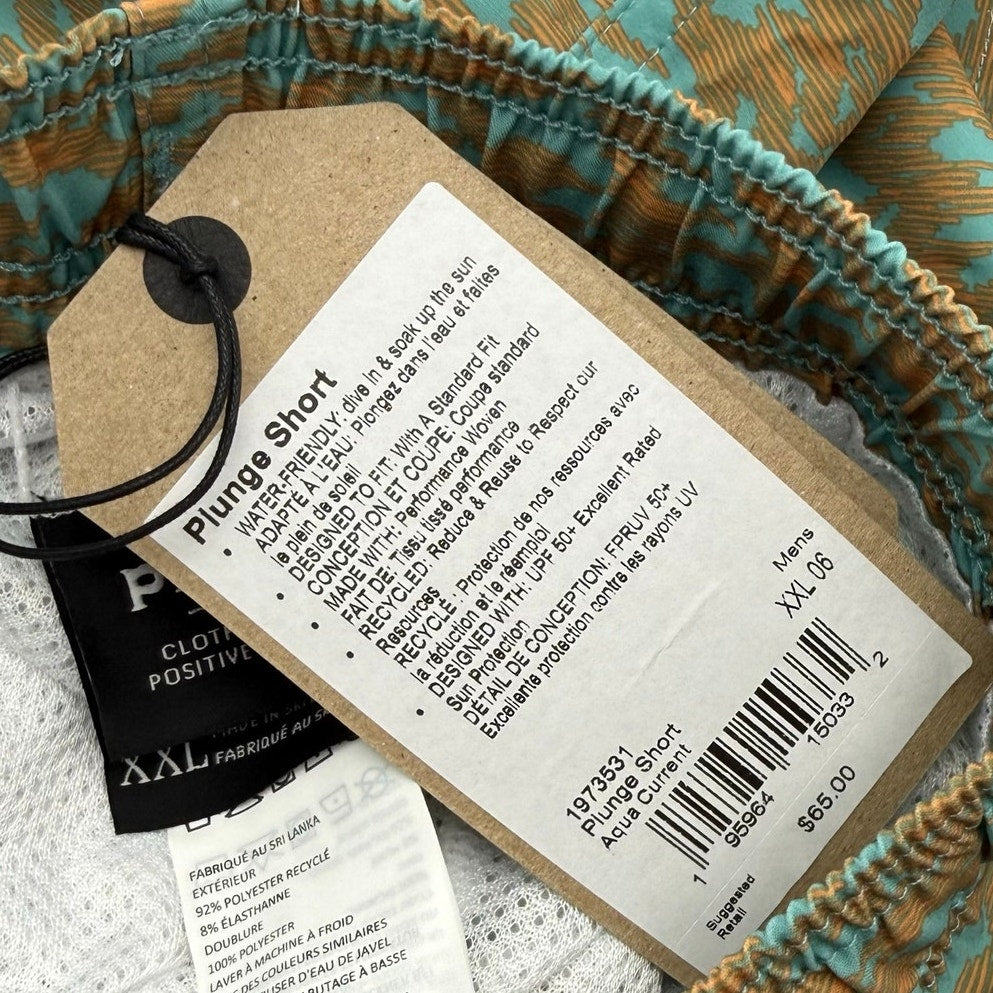 PRANA Men's Plunge Swim Shorts XXL Blue Tan Aqua Current 6" Inseam NWT