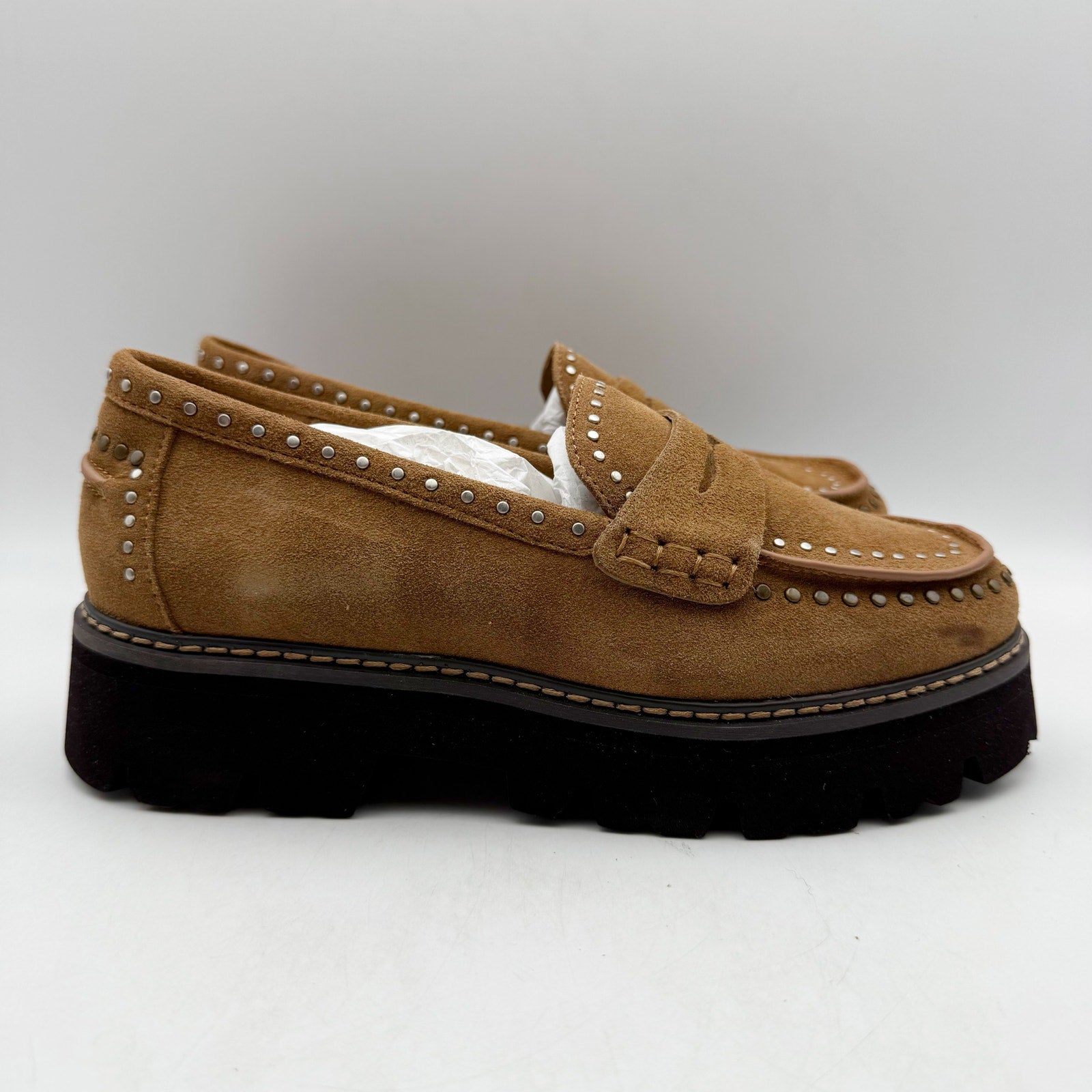 Donald Pliner Womens Massy Loafers US 5.5M EU 36 Brown Suede Studs NWOB