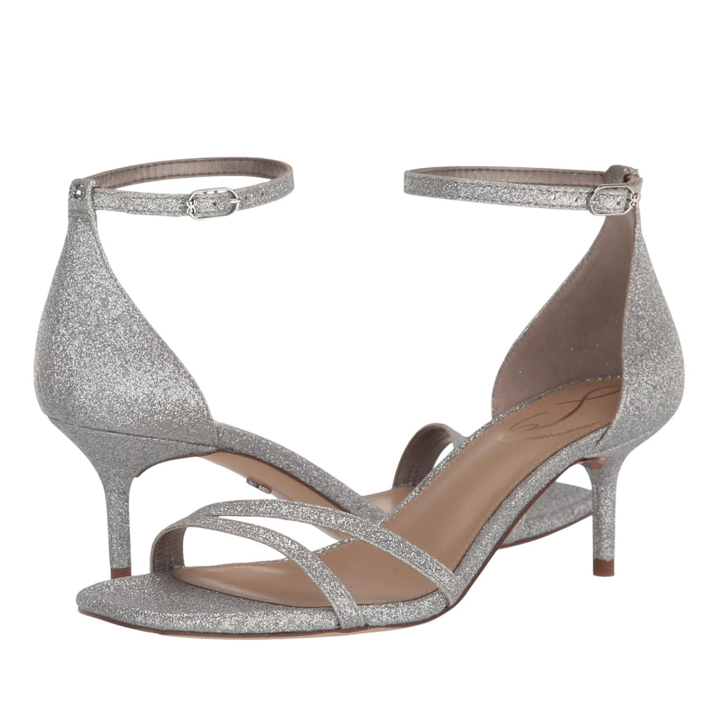 SAM EDELMAN Womens Peonie Kitten Heel Sandal 7.5 M Silver Glitter Strappy NIB