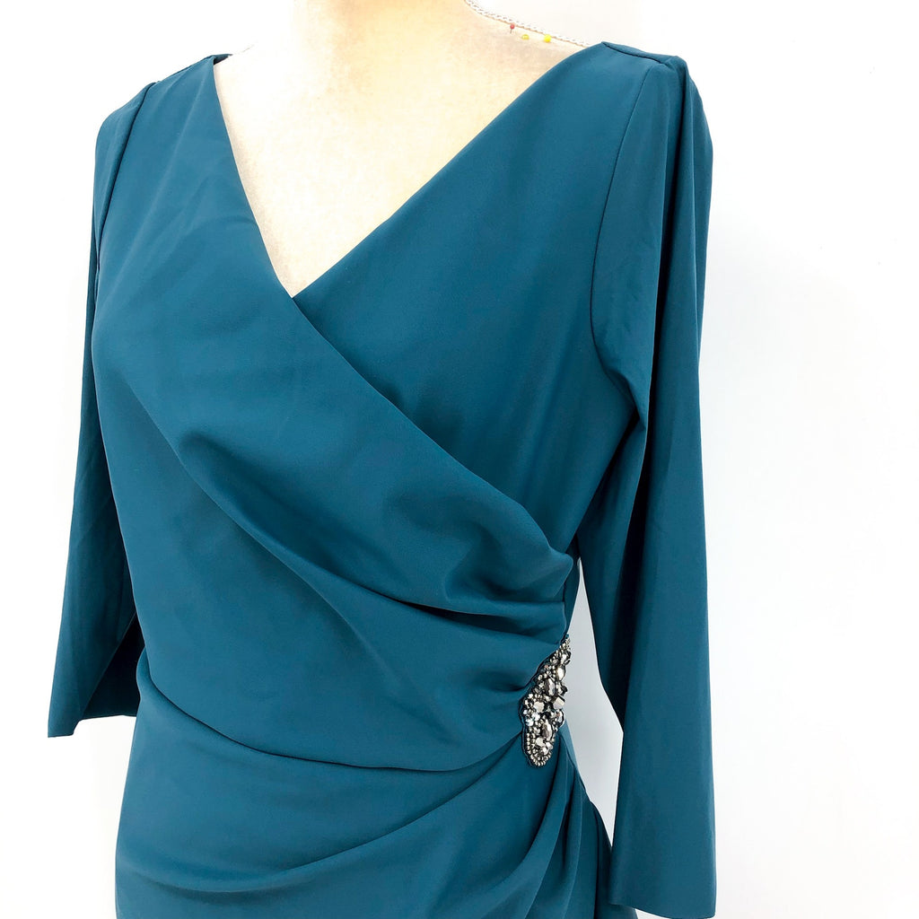 ALEX EVENINGS Beaded Wrap Front Dress Size 14 Blue Green Teal 134134 NWT