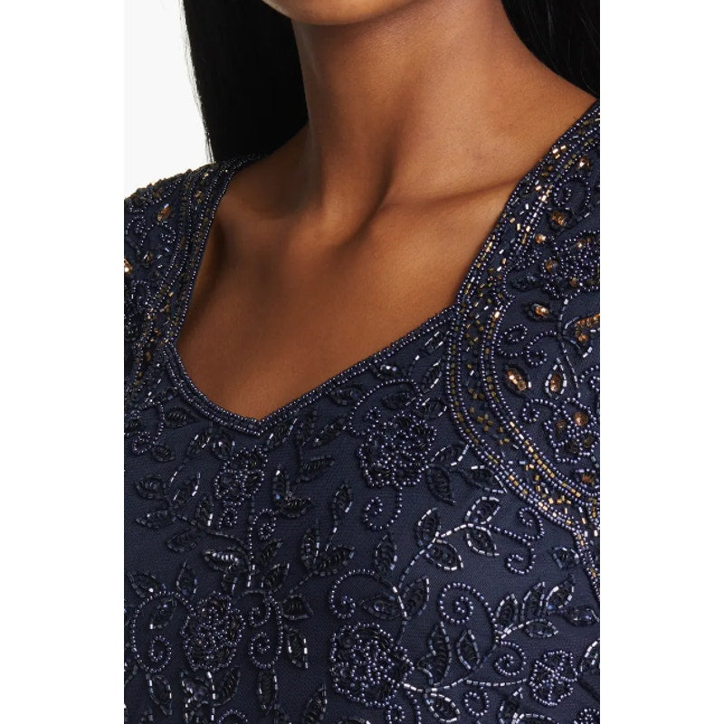 PISARRO NIGHTS Beaded Bodice A-Line Gown Size 12 Navy Blue Short Sleeve NWT