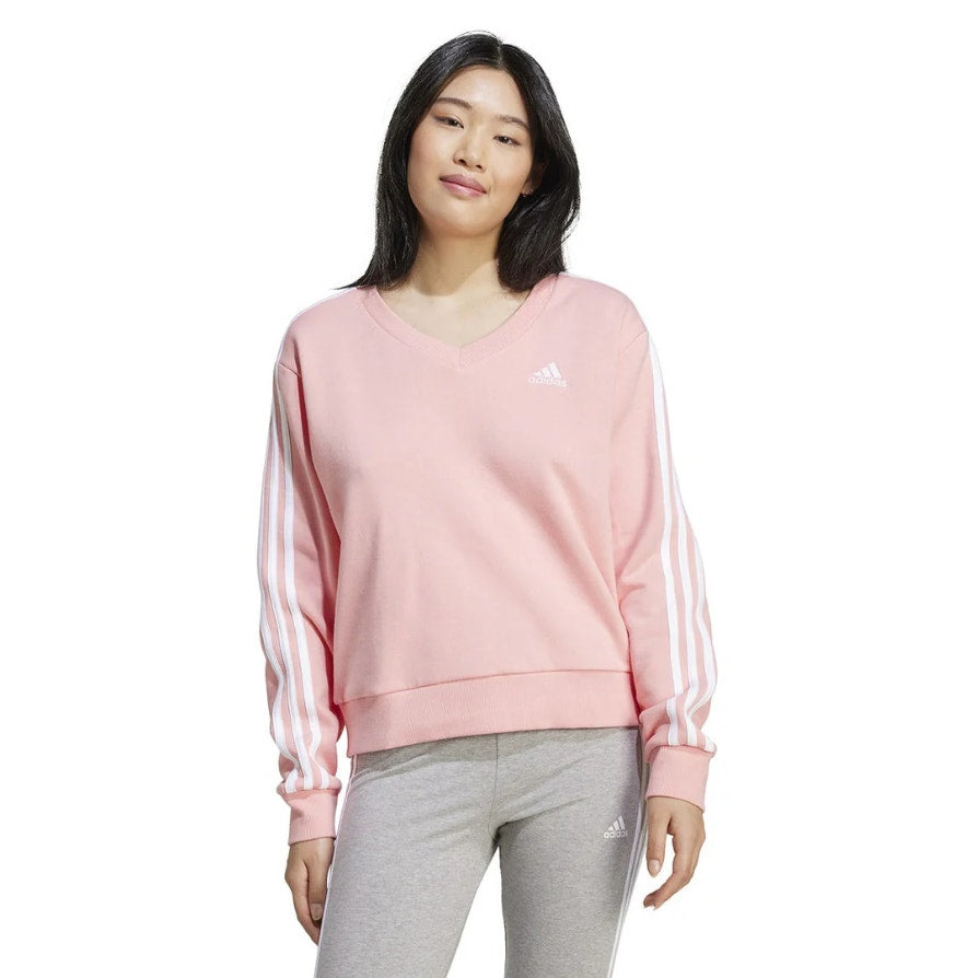 ADIDAS Womens Essentials 3 Stripes V-Neck Sweatshirt Small Pink White NWT