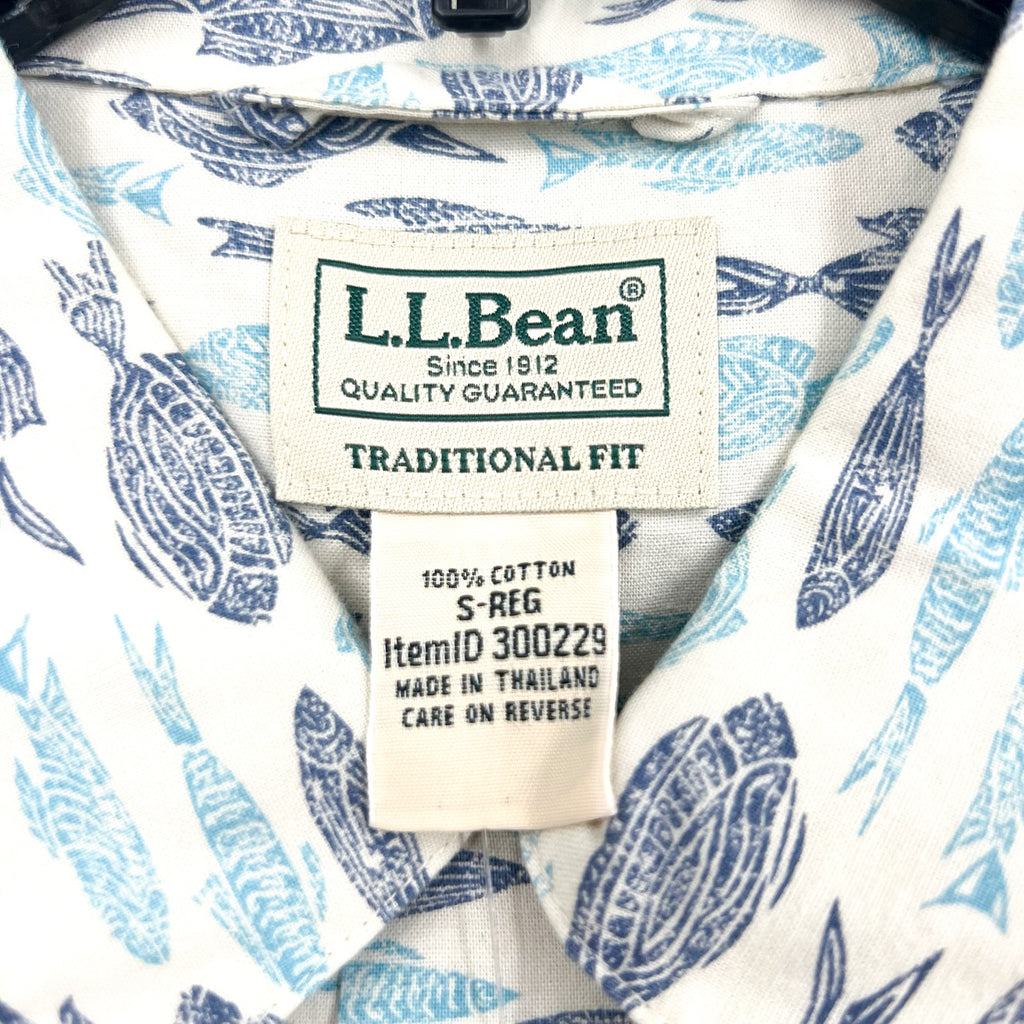 L.L. BEAN Mens Short-Sleeve Tropics Print Shirt Small White Blue Cotton NWT