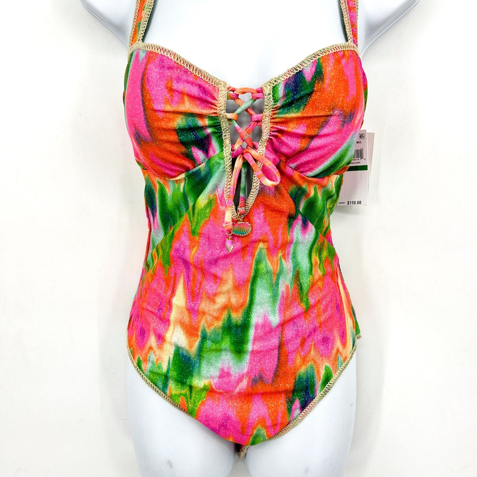 BECCA Women's Lace-Up One-Piece Swimsuit Large Pink Mirage Metallic NWT