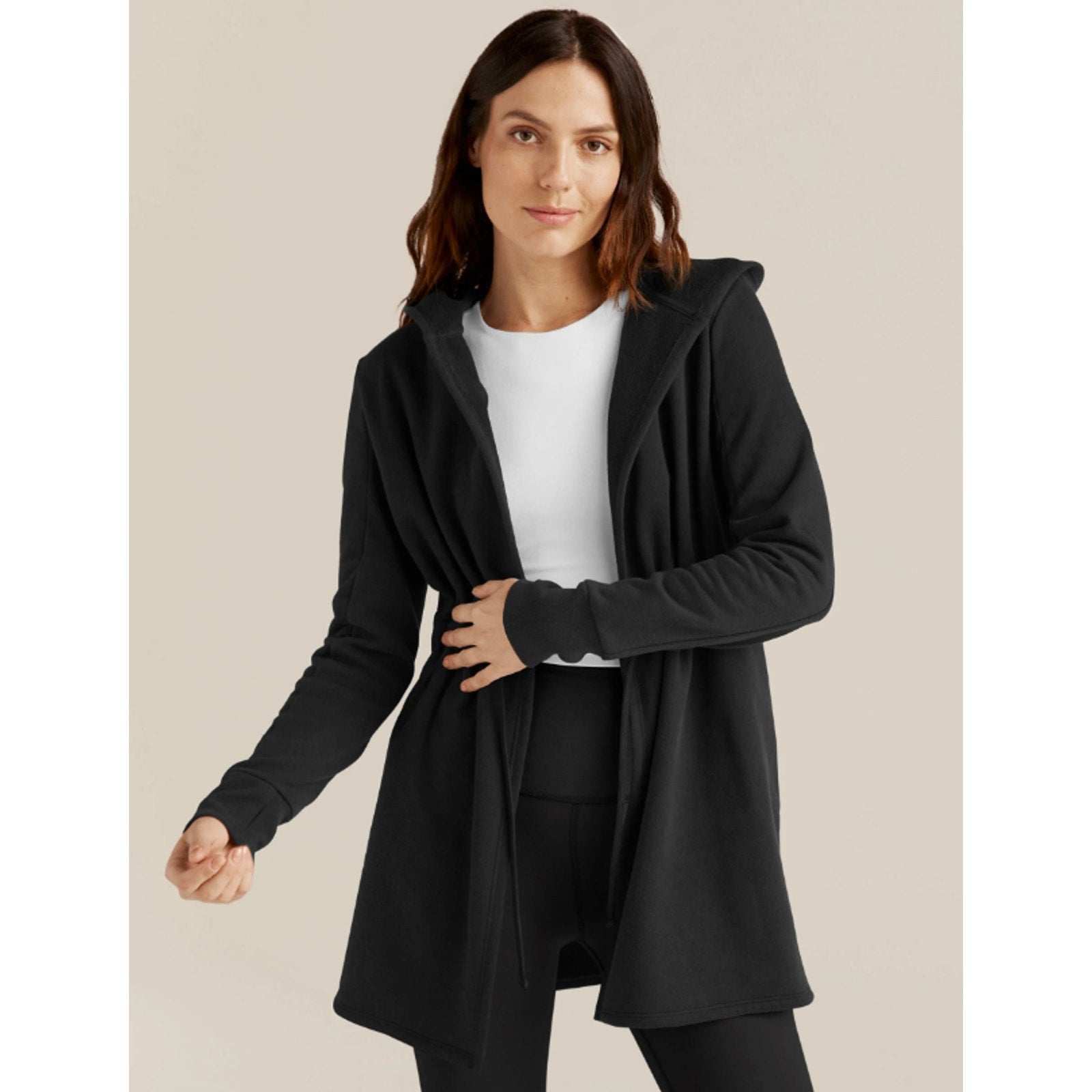 Beyond Yoga Womens Luxe Fleece Hooded Jacket Medium Black Open Front NWT