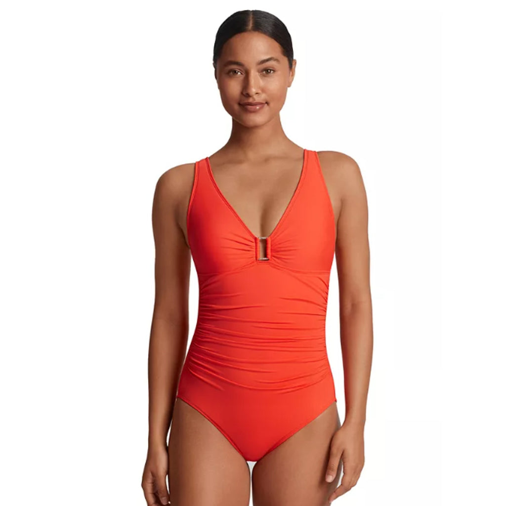 LAUREN RALPH LAUREN Ring One Piece Swimsuit Size 12 Orange Over The Shoulder NWT