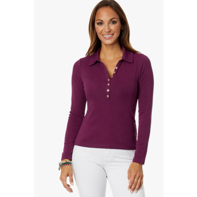 LILLY PULITZER Womens Reema Long Sleeve Polo Top Small Purple Amarena Cherry NWT