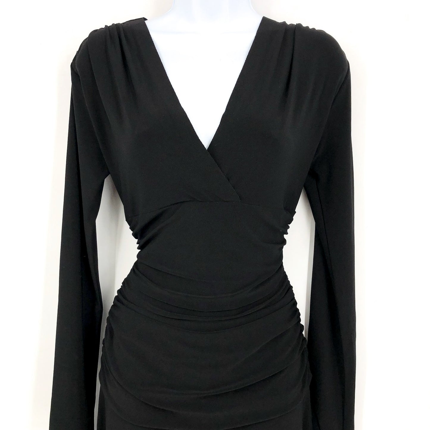 NORMA KAMALI V-Neck Long Sleeve Jumpsuit Large 40 Black Shirred Waist NWT