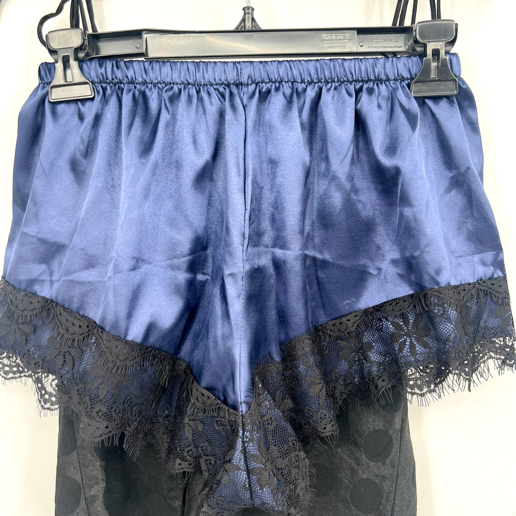 VICTORIA'S SECRET Polka Dot Satin Cami & Shorts Set XS Black Blue Lace Trim NWOT