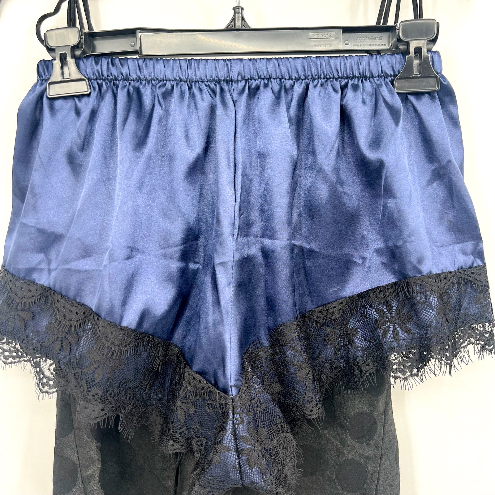 VICTORIA'S SECRET Polka Dot Satin Cami & Shorts Set XS Black Blue Lace Trim NWOT