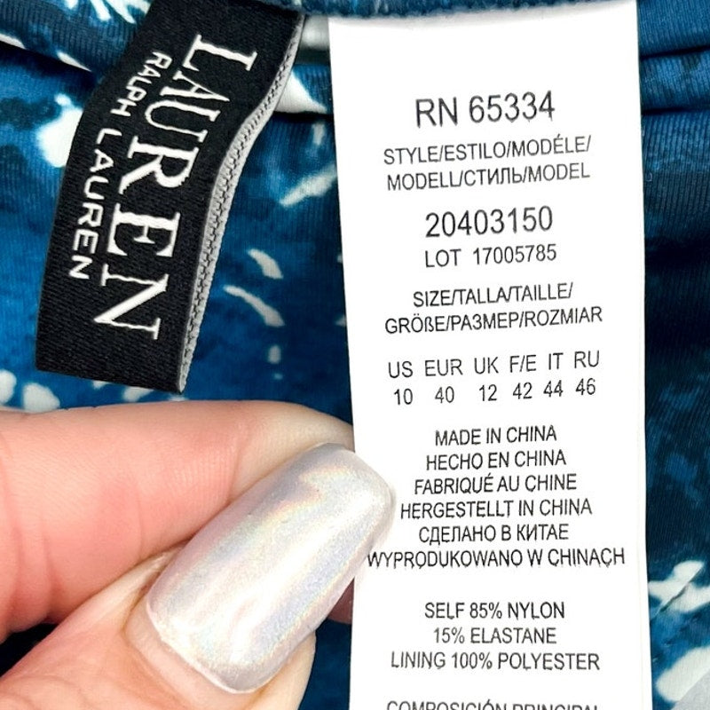 LAUREN RALPH LAUREN Patchwork Hipster Bikini Bottom Size 10 Blue Shirred NWT
