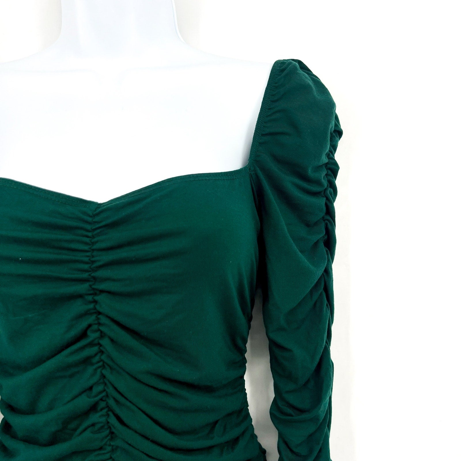 REFORMATION Women's Esra Queen Ann Neck Ruched Blouse Small Emerald Green EUC