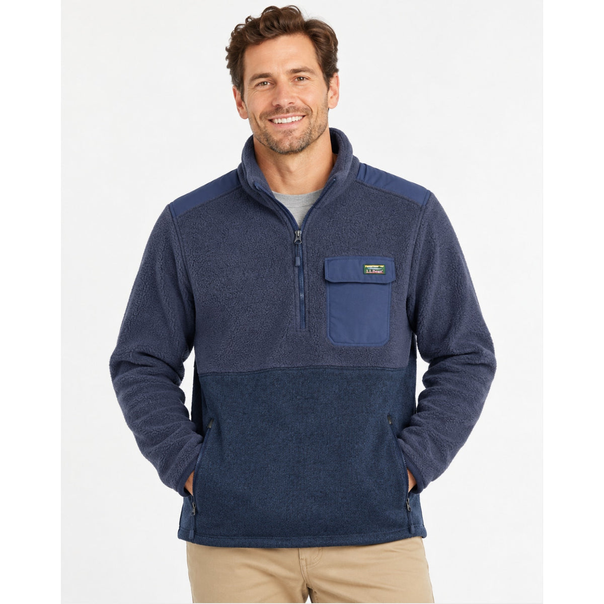 L.L. BEAN Men's Fleece Sherpa Hybrid Fleece Pullover Large Carbon Navy Blue NWT