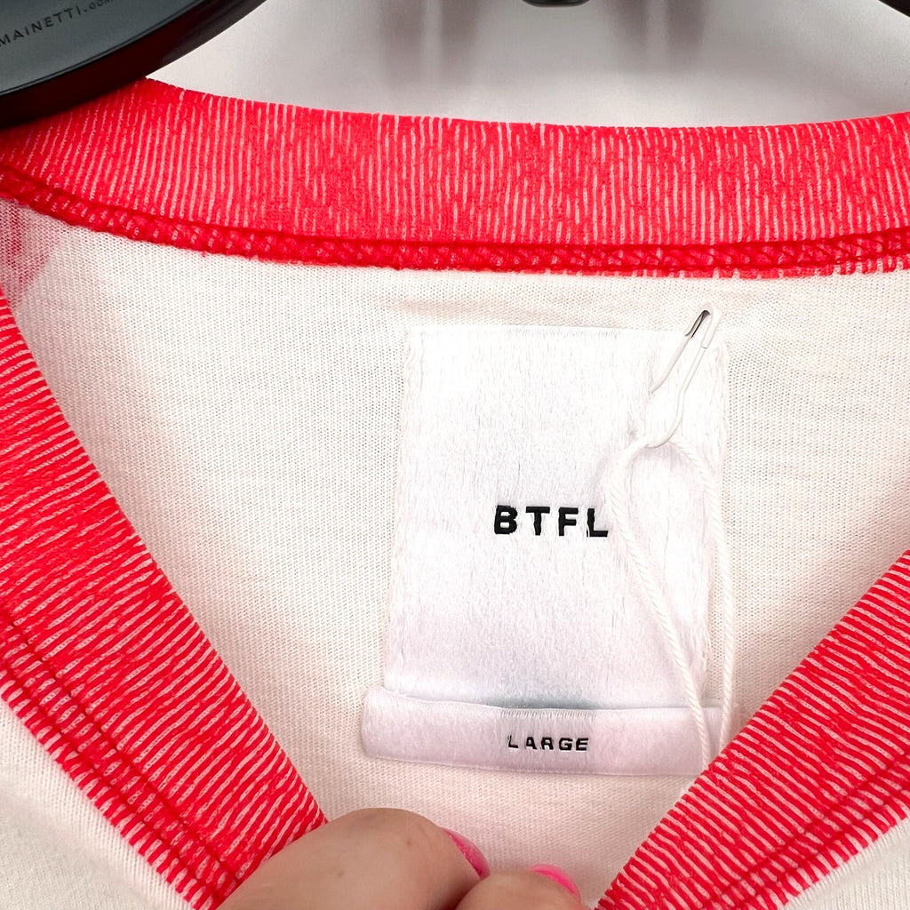 BTFL Men's Crewneck Baseball T-Shirt LARGE White Red Vinyl Sleeves NWOT