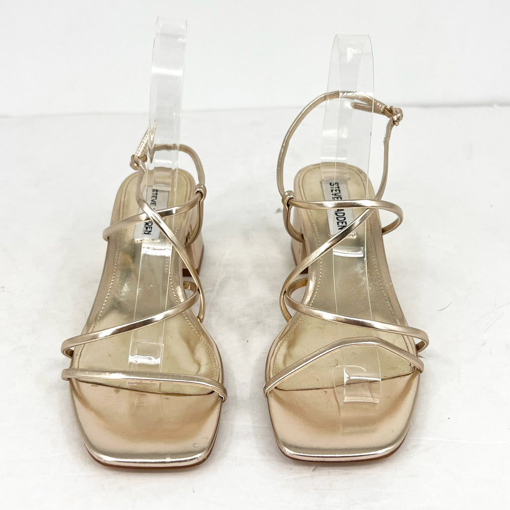 STEVE MADDEN Women's Remmi Heeled Sandals Size 6.5M Gold Strappy NWOB