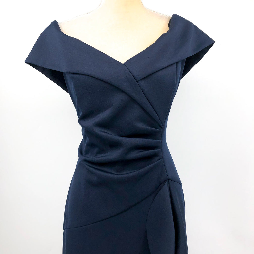 XSCAPE Womens Ruffle Off the Shoulder Gown Size 16 Midnight Blue Scuba 4581X NWT